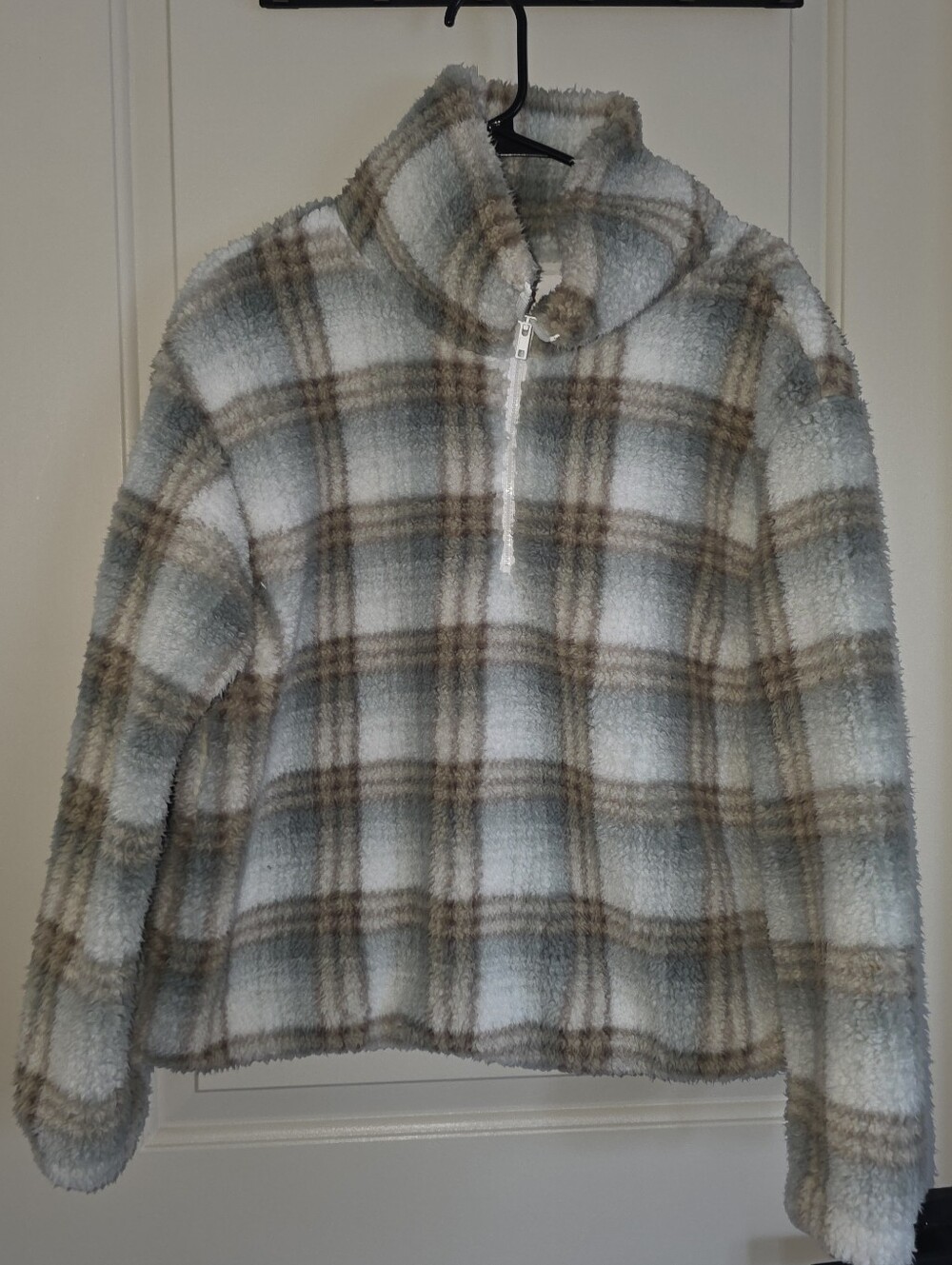 Lazy Sunday Cozy Plaid Sherpa Half-Zip Sweater - Cream & Brown